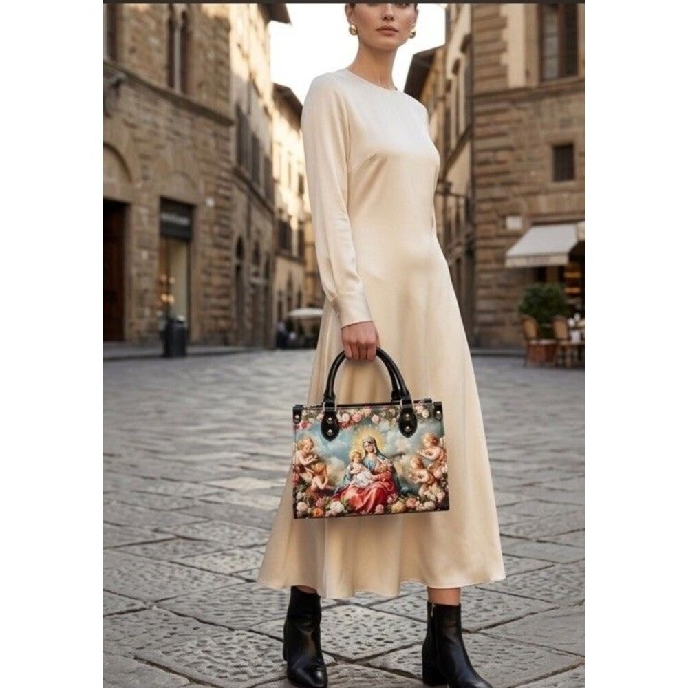Madonna and Child Handbag, Virgin Mary with Cherubs and Roses.